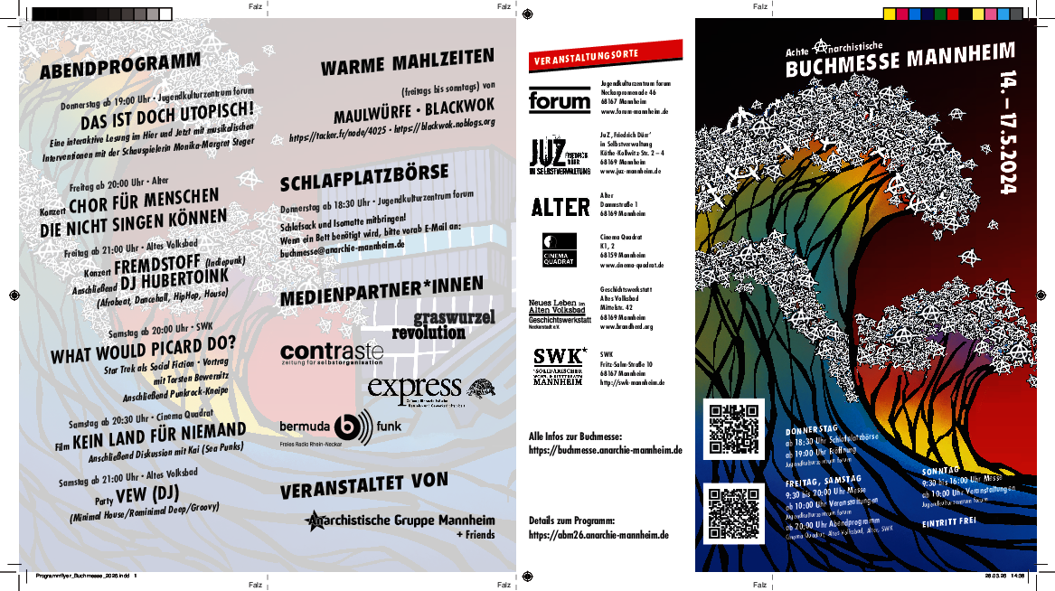 Programmflyer für die 8. Anarchistische Buchmesse Mannheim 14. bis 17. Mai 2026 Programmflyer für die 8. Anarchistische Buchmesse Mannheim 14. bis 17. Mai 2026