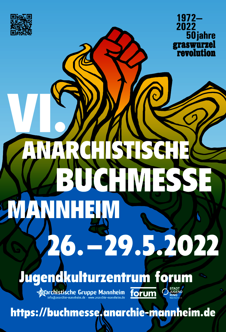 Ankündigungsplakat 6. Anarchistische Buchmesse Mannheim 26. bis 29. Mai 2022